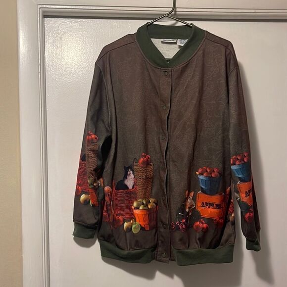 Vintage 90s Blair Green Paisley Cat & Dog Button sweater large P - Picture 1 of 8